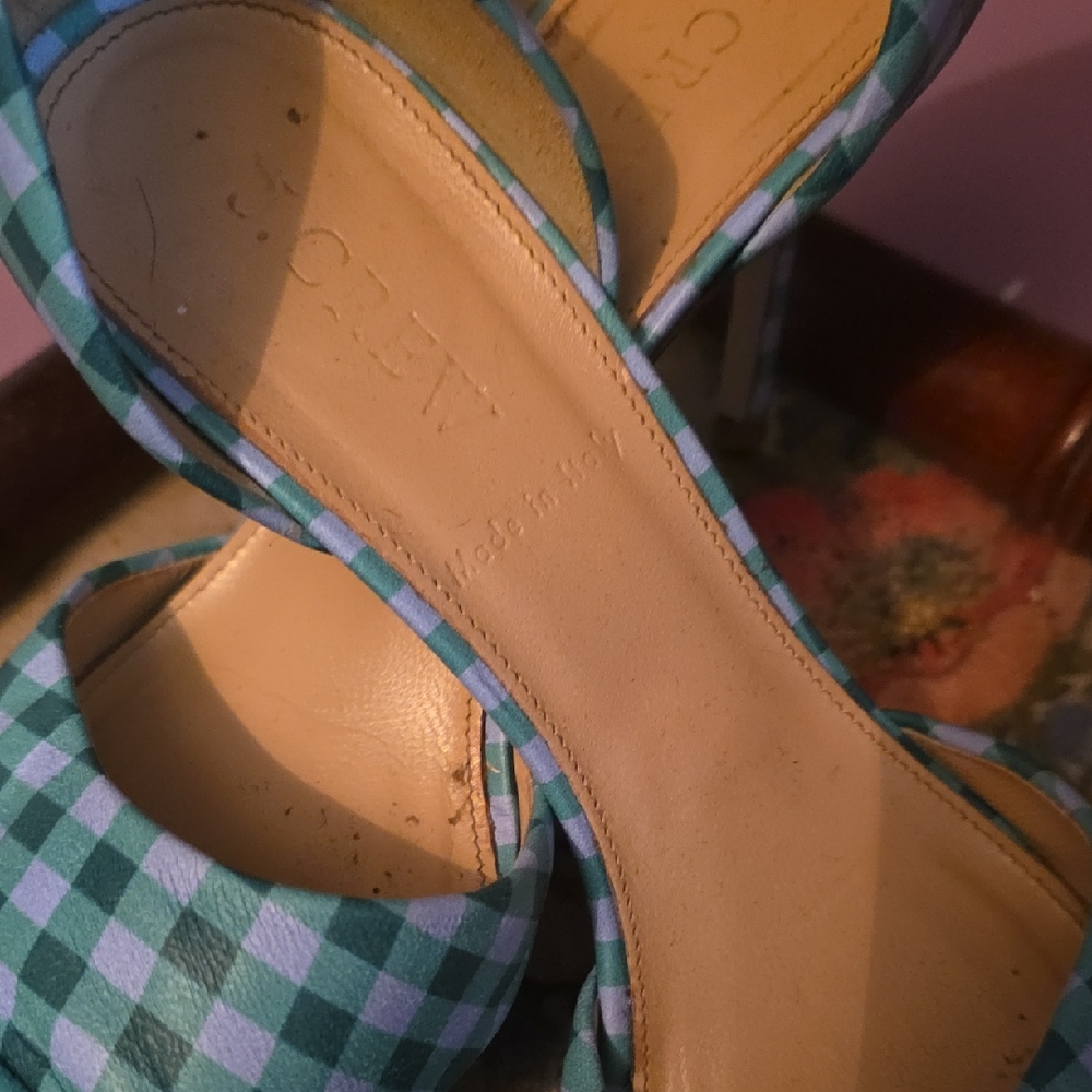 J. Crew Teal and White Checkered Kitten Heels